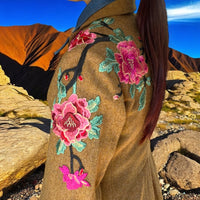 Boho Tweed Vintage Coat with Climbing Rose Applique