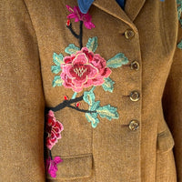 Boho Tweed Vintage Coat with Climbing Rose Applique