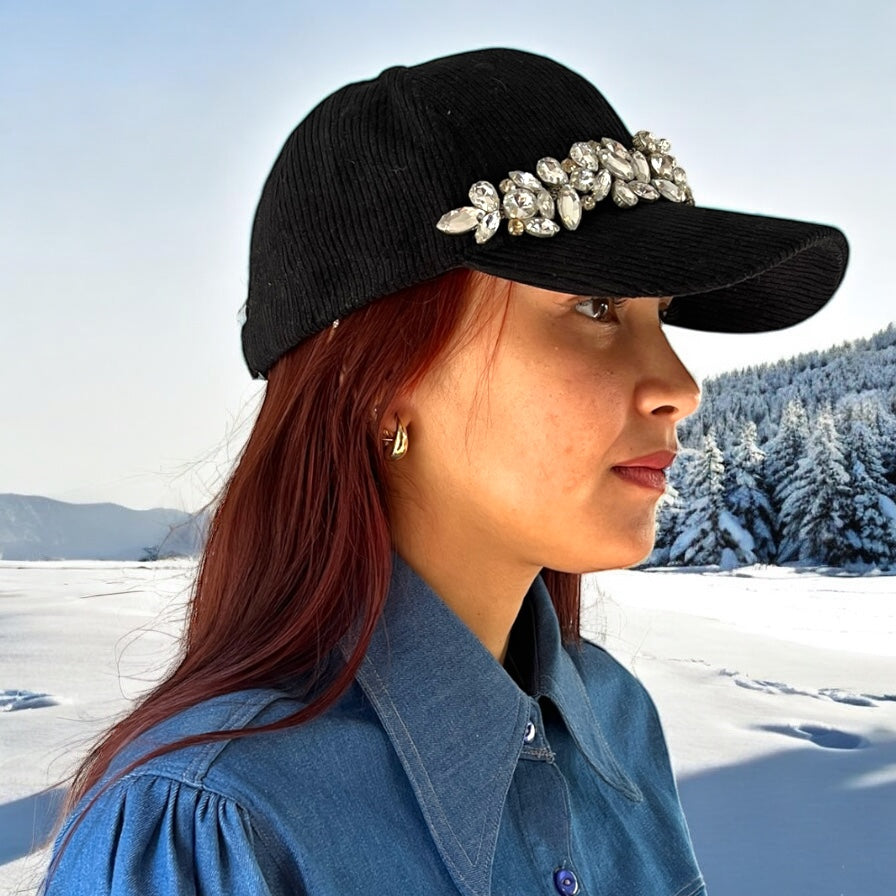 Vintage-Inspired Black Corduroy Winter Cap with Silver Charm