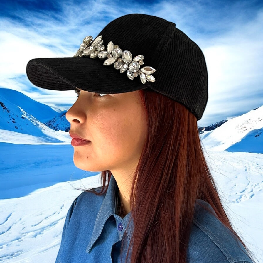 Vintage-Inspired Black Corduroy Winter Cap with Silver Charm