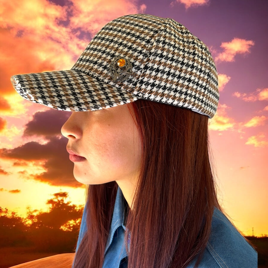 Vintage-Inspired Brown and Green Corduroy Winter Cap with Gold Charm