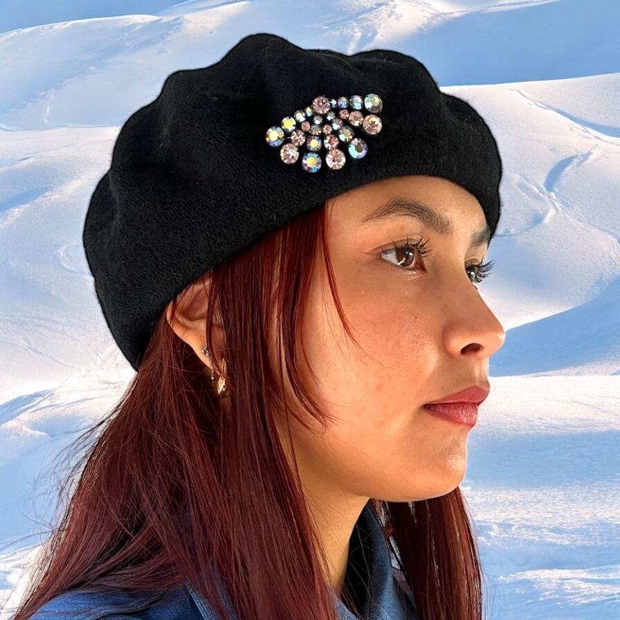 Vintage-Inspired Black Pure Wool Beret
