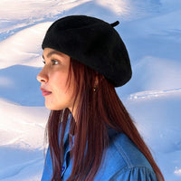 Vintage-Inspired Black Pure Wool Beret