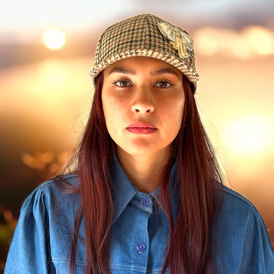 Vintage-Inspired Brown Corduroy Winter Cap with Gold Charm