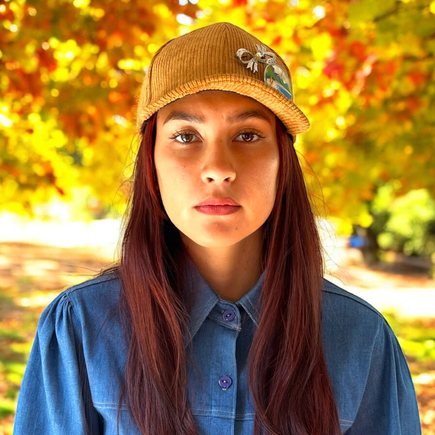 Vintage-Inspired Brown Corduroy Winter Cap with Beach Charm