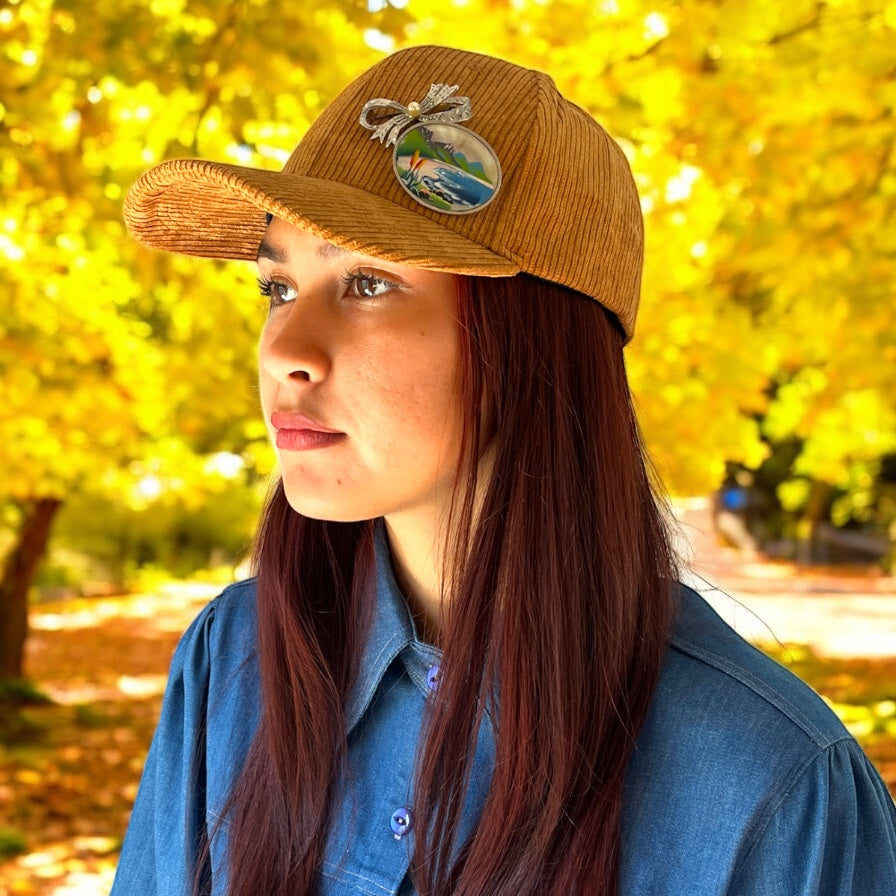 Vintage-Inspired Brown Corduroy Winter Cap with Beach Charm