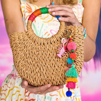 Basket Bag with pom poms and lobster key ring
