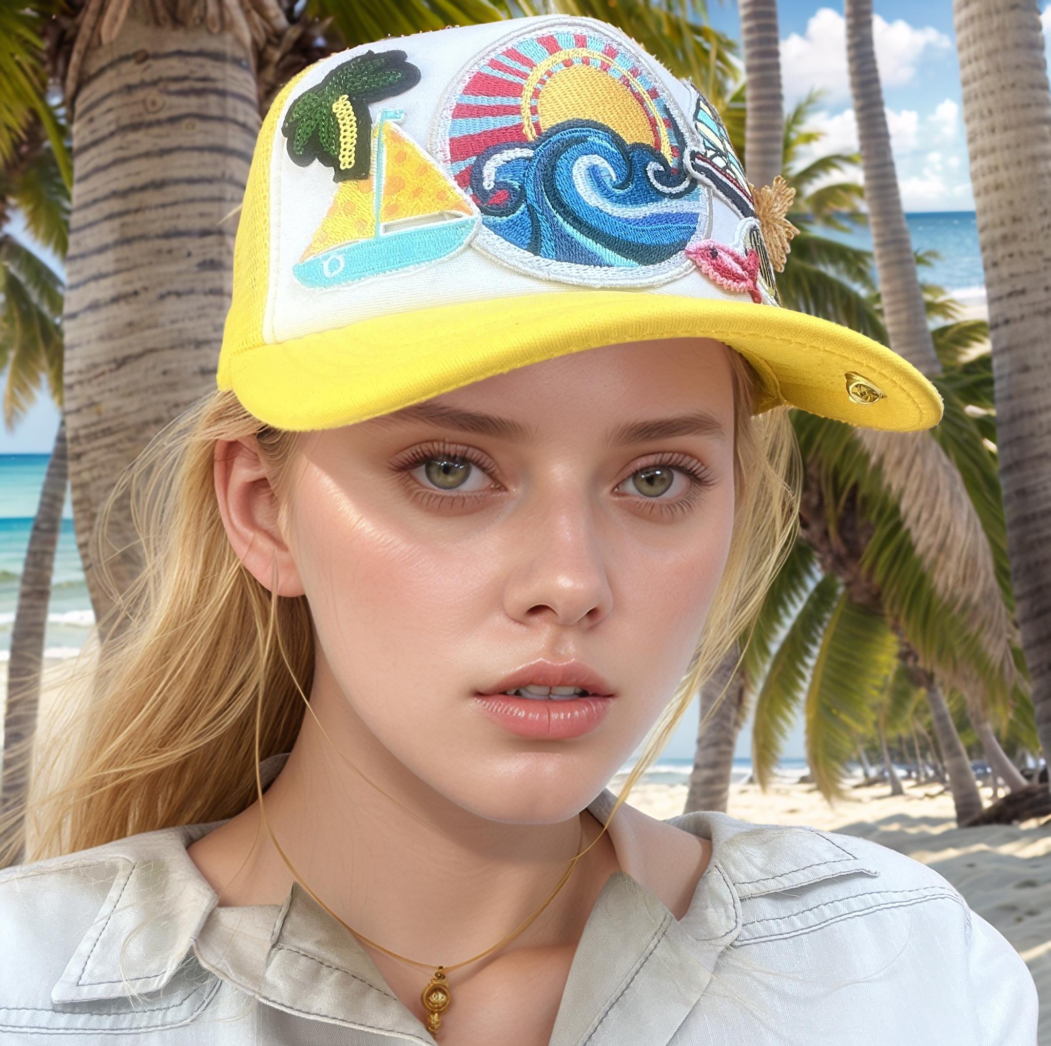 Yellow sunshine waves and Palm Trees Trucker Cap