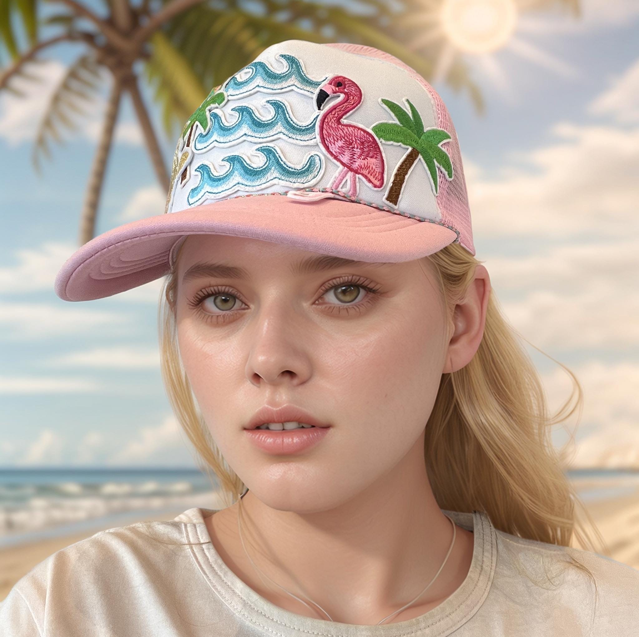 Pink Trucker cap with waves, Flamingo and palm tree applique