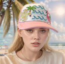 Pink Trucker cap with waves, Flamingo and palm tree applique