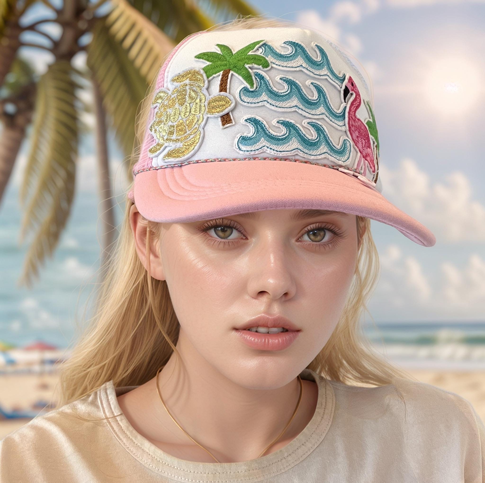 Pink Trucker cap with waves, Flamingo and palm tree applique