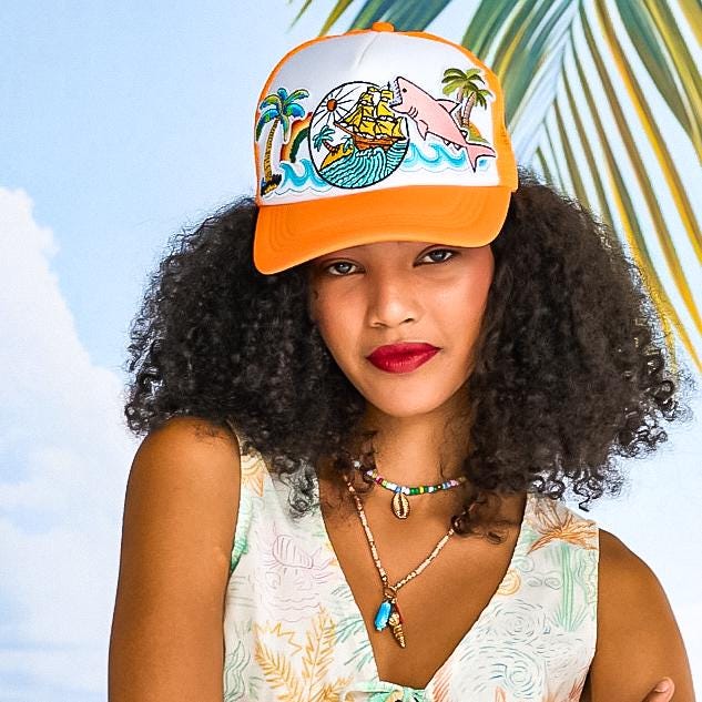 Orange Trucker Cap with Nautical themed Applique