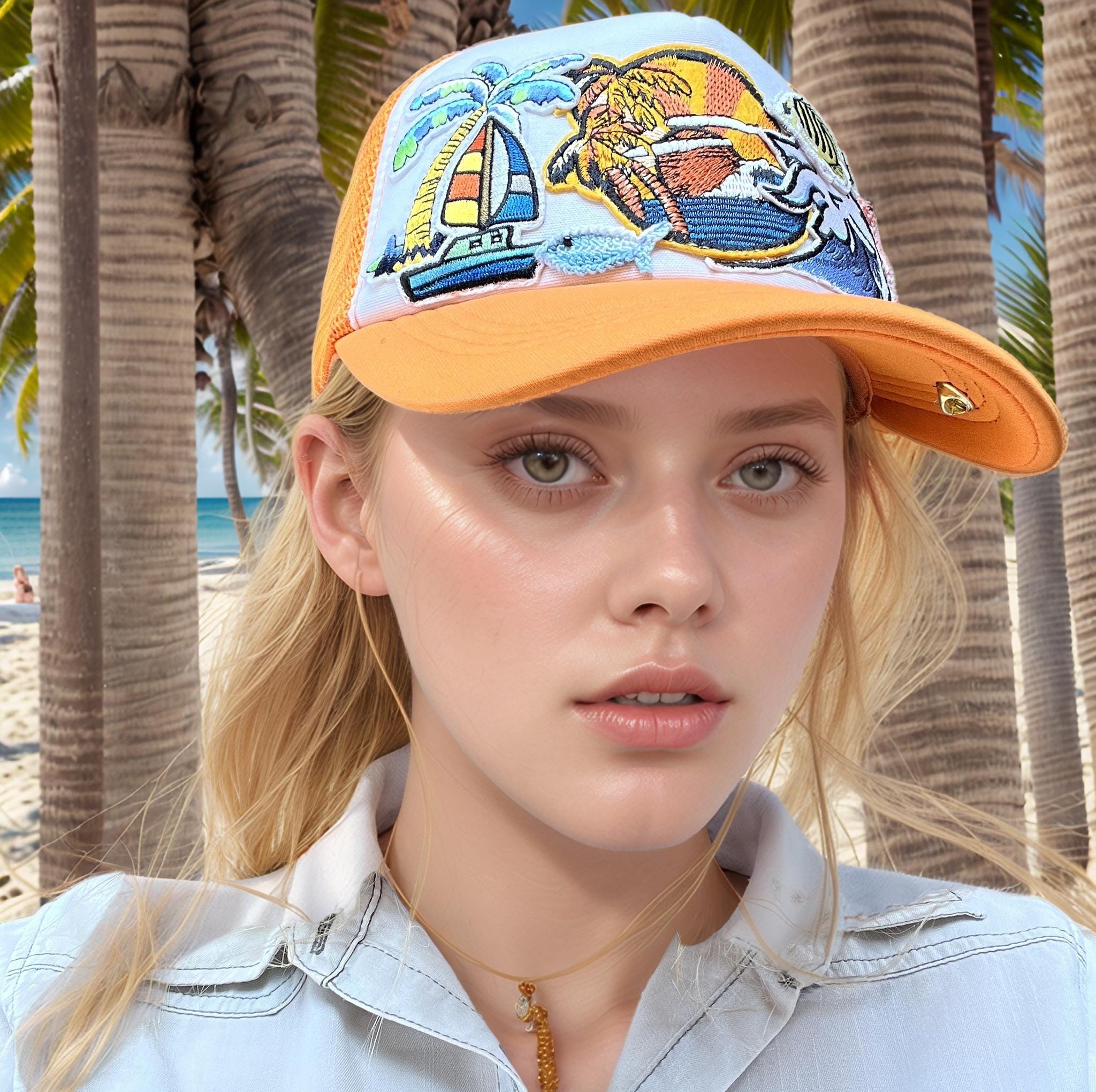 Orange waves and sea creatures Trucker Cap
