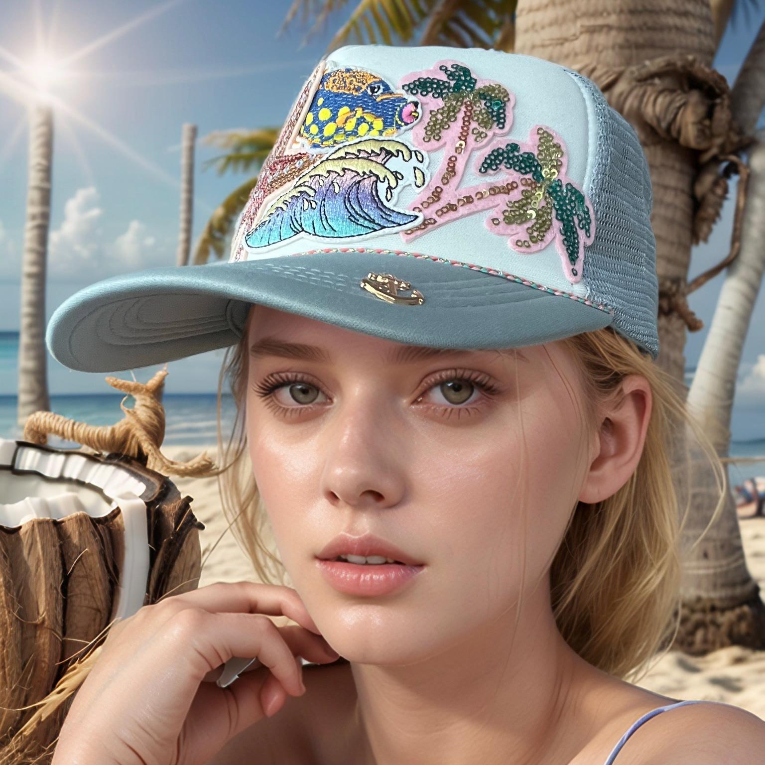 Grey Trucker with sparkly sea creatures and palm trees