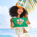 Green straw clutch adorned with pink and purple shells