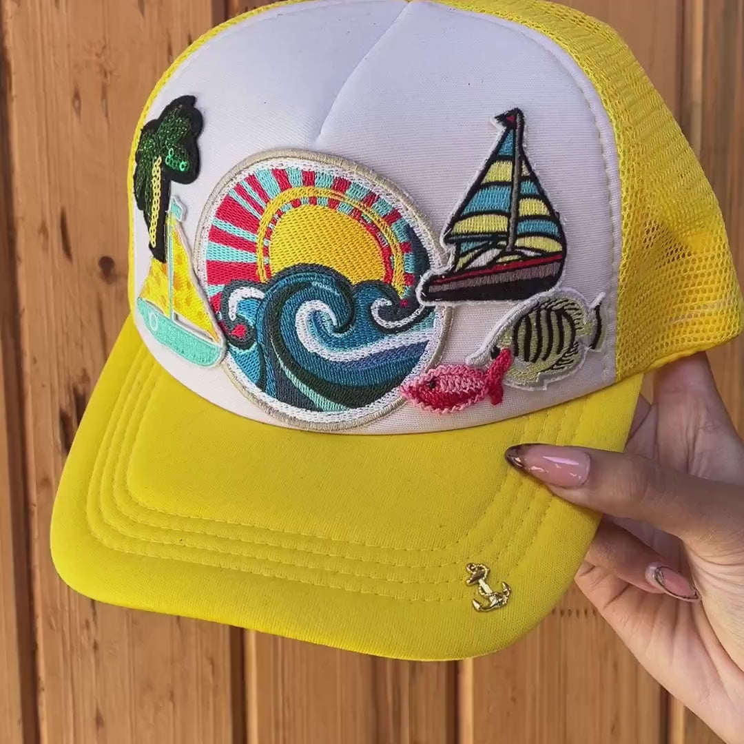 Yellow sunshine waves and Palm Trees Trucker Cap